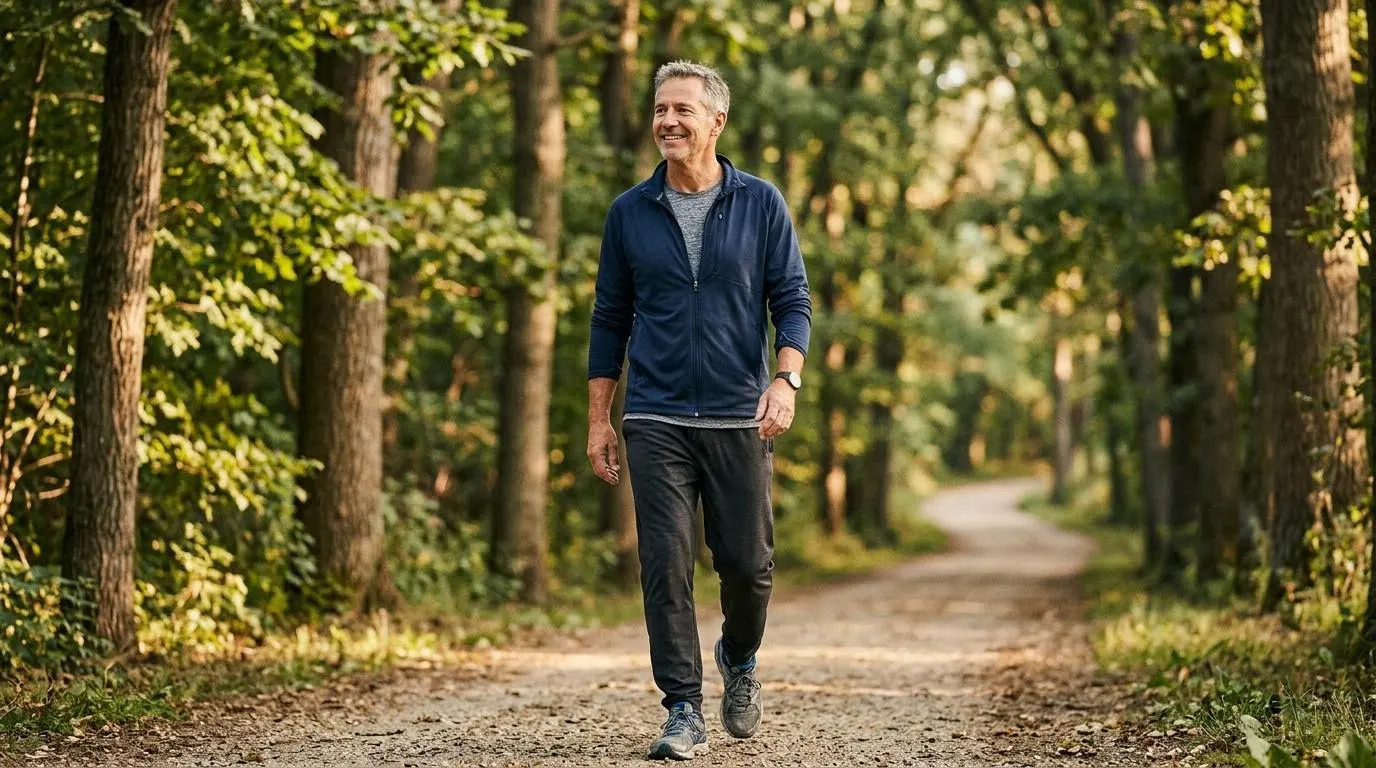 A person walking on a tree-lined path in soft morning light.