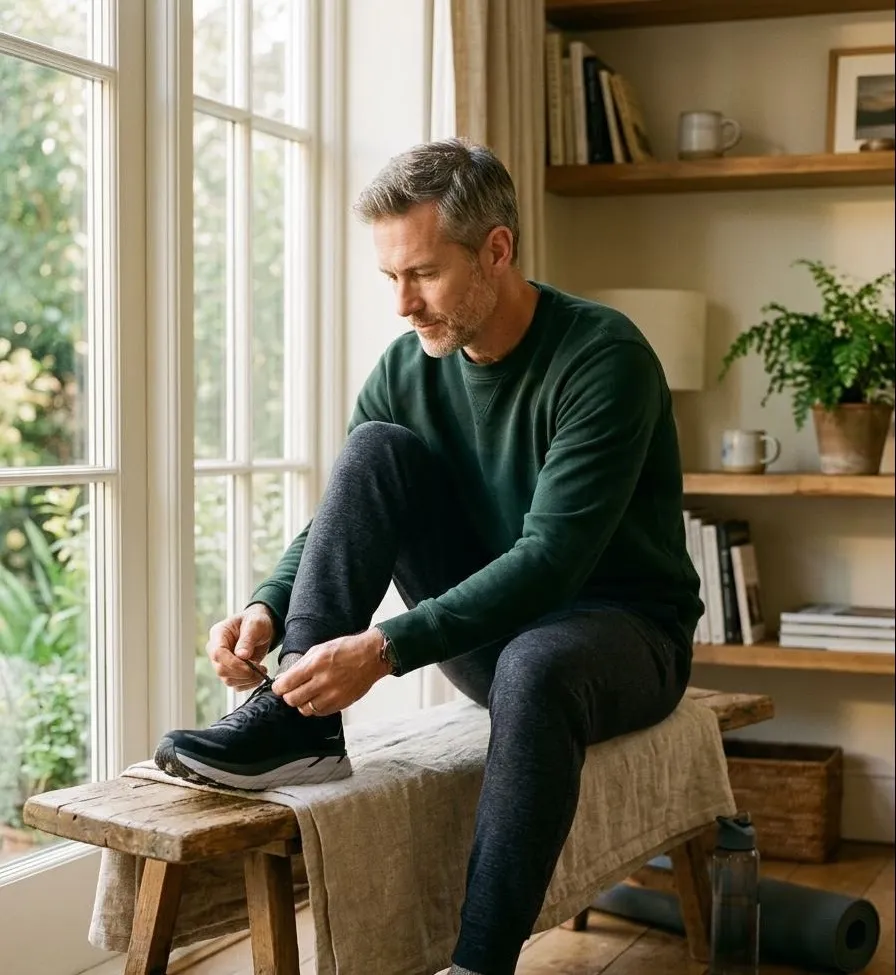 A man lacing athletic shoes on a bench by a bright window at home.
