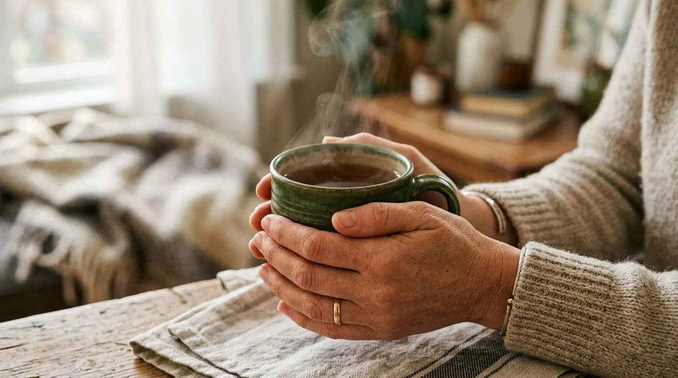 Hands holding a ceramic mug.
