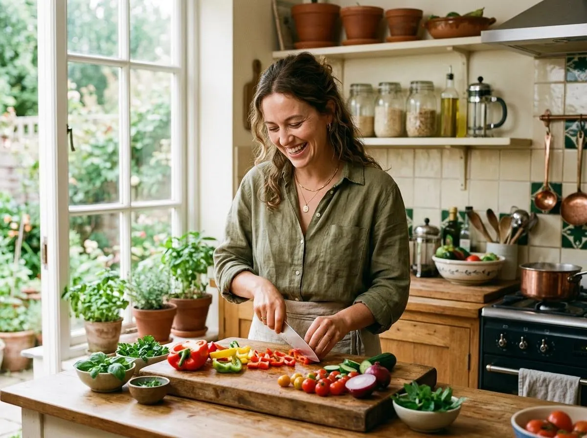 A person preparing fresh vegetables in a sunlit kitchen.
