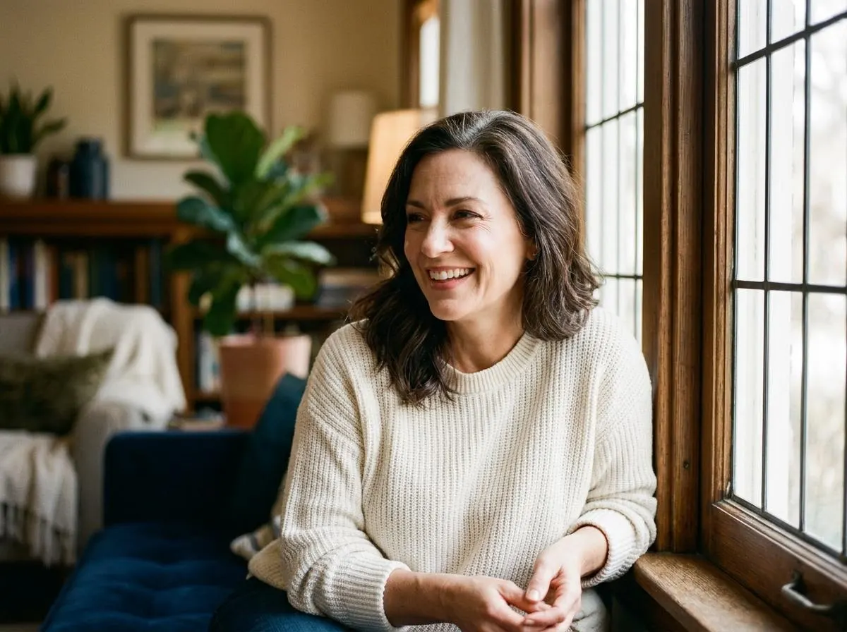 A woman looking out a window in a warm, book-lined room.